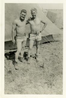 United States servicemen Harm and Kinney in long underwear, location  unknown, 1941-45