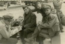 United States servicemen Harm and Kinney in long underwear, location  unknown, 1941-45