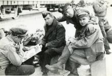 United States servicemen Harm and Kinney in long underwear, location  unknown, 1941-45